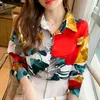 Kvinnors blusar Autumn Spring Women Shirt Färgkontrast Långärmad Hong Kong Style Retro Printed Chiffon-knapp upp