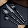 Ensembles de vaisselle Kit de vaisselle en quatre pièces Poignée givrée Couteau en acier inoxydable Fourchette Cuillère Service de dîner Ensembles de vaisselle de cuisine occidentale DH7US