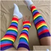 Cinq doigts gants cinq doigts gants femmes rayures arc-en-ciel sur le genou cuisse haute chaussettes chauffe-bras ensemble sans doigts déguisement Cosp Dhifw