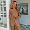 Tute da donna eleganti due pezzi set da donna 2022 estate rosa lavorato a maglia top corto e pantaloncini o collo tuta maniche lunghe vestito casual sexy