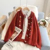 Women s Knits Tees High Quality Autumn Winter Christmas Red Cardigan Puff Sleeve Sweater Coats Horn Buckle Vintage Women Knitted Jackets 221206