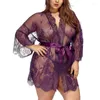 Women's Sleepwear Sexy Women Lingerie Lace Night Dress Nightgown Bandage Deep V G-String See Through Sheer Sleep Robe