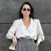 Women's Blouses Fashion Vintage V-Neck Silk Blouse Office Solid Satin Shirt Top Loose Casual High Quality Long Sleeve Blusa 24316