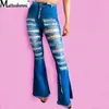 Dames jeans mode denim flare pant hoge taille retro gescheurde wide been broek lady casual bell bottoms pant tassel 221206