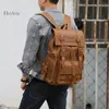 Sac à dos rétro en cuir véritable pour hommes grande capacité pochette d'ordinateur école mâle sacs à bandoulière marron voyage sacs à dos
