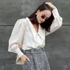 Women's Blouses Fashion Vintage V-Neck Silk Blouse Office Solid Satin Shirt Top Loose Casual High Quality Long Sleeve Blusa 24316