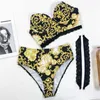 Conjuntos de sujetadores Para Praia Vintage Print Bikini Set Mujer Sexy Lace String Traje de baño Mujeres Bandeau Bikini Cintura alta Ropa de playa Traje de baño T221206