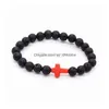 Beaded Natural Lava Stone Prayer Beads Charms Bracelets Antifatigue Sier Cross Volcanic Rock Mens Womens Diffuser Jewelry Drop Delive Dh7Pv