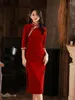 Etnische kleding fzslcyiyi traditionele kanten trim mandarijn kraag driedelige mouw corduroy qipao dames bruiloft cheongsam