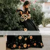 2023 Vintage Black Wedding Dresses Off The Shoulder Sunflowers Embroidered Satin Plus Size Bridal Party Dress For Women