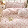 침구 세트 Bonenjoy Pink Color Duvet Cover with Ruffles 100%Cotton Flower Printed Housse de Couette for Girls Pure Cotton Bed King 221207