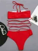 Soutien-gorge Ensembles Para pra praia 2022 sexy rouge licou bikini ensemble croix bandage femmes maillots de bain taille haute maillot de bain évider maillot de bain biquini t221206