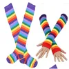 Fünf-Finger-Handschuhe Fünf-Finger-Handschuhe Damen Regenbogenstreifen über dem Knie Oberschenkelhohe Socken Armwärmer Fingerloses Set Kostüm Cosp Dhifw