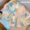 Frauen strickt T-Shirts Tie Dye Pullover Strickjacke Mantel Herbst Winter lose stricken kurze Tops süße weibliche Jacke Y2k Kleidung V-Ausschnitt 221206