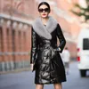 Giacca invernale da donna in pelle con collo in pelliccia Cappotto in vera pelle di pecora Cintura moda donna Piumini genuini Abiti lunghi da donna Top