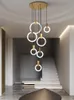 Moderne LED kroonluchter plafond woonkamer houten verlichting acryl ring armaturen trappen deco hangende lichten eetlampen hanglampen lampen