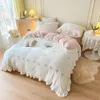 Bedding Sets White Butterfly Embroidered Ruffles 4pcs High Quality Thicken Velvet Soft Duvet Cover Bed Sheet Pillowcases