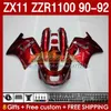 Full Fairings For KAWASAKI NINJA ZX 11 R 11R ZX11 R ZZR1100 ZX11R 90 91 92 Body 164No.107 ZZR 1100 CC ZX-11R ZZR-1100 1990 1991 1992 ZX-11 R 90-92 ABS Fairing Kit red stock