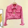 Jaquetas femininas soltas de cintura alta jeans jeans jeans jeans primavera e entorno rosa cowboy casaco coreano woemen