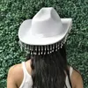 Boinas Femininas Festa de Noiva Chapéu de Cowboy Aba Larga Strass Borla Western Boné Grande Clube Branco Diamante Topper