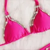 Bras setleri para praia 2022 Katı kadın mayo lüks metal aksesuarlar rhinestone bikini kadın mayo push bikini set banyo takım elbise t221206