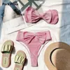 Reggiseni Para Praia Bikini a vita alta Solid Pink Bikini 2021 Bow-knot Costumi da bagno Donna Bandeau Donna Costume da bagno Push Up Costume da bagno T221206