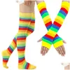 Fem fingrarhandskar Fem fingrarhandskar Kvinnor Rainbow Stripes Over Knee Thigh High Socks Arm Warmer Fingerless Set Fancy Dress Cosp Dhifw