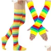 Cinq doigts gants cinq doigts gants femmes rayures arc-en-ciel sur le genou cuisse haute chaussettes chauffe-bras ensemble sans doigts déguisement Cosp Dhifw