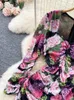 Robes décontractées Rose / Rouge Floral Bodycon Party Robe Automne Élégant Col Carré À Manches Longues Taille Haute Drapée Slim Robes Femme 2022