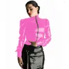 Women's T Shirts Women PVC Shirt Long Sleeve Lantern Office Lady Tops PU Gothic Faux Leather Zipper Front Collar Slim