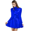 Casual Dresses Long Sleeve A-Line Dress for Women Shiny Metallic Lady Mini Turtleneck Pleated Sexy Party Cocktail Clubwear