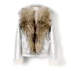 Women's Leather GTGYFF Womens Coat With Raccoon Fur Collar Short Locomotive Pearl Bright Surface Jacket Winter Warm Overcoat