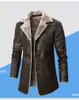 Winter Fleece Plush PU Trench Coats Fashion Business Casual Middle Long Suit Collar Men's Windbreaker Leather Jacket