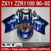 OEM-mässor för Kawasaki Ninja ZZR1100 ZX 11 R 11R 1990-1992 BODY 164NO.130 ZX-11 R ZZR 1100 CC ZX-11R ZZR-1100 ZX11R 90 91 92 ZX11 R 1990 1991 1992 Fairing Kit Glossy Blue