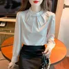 Women's Blouses Autumn 2022 Lotus Collar Workwear OL Shirt Elegant Fashion Beaded Satin Chiffon Blouse Long Sleeve Women Top