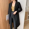 Women's Trench Coats Womens Vintage Black Elegant Slim Long Coat Office Lady Turn-Down Collar Pockets Casual Knee Length Suit Jackets