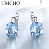 Dangle Chandelier UMCHO Blue Topaz Clip Earrings for Women Solid 925 Sterling Silver Jewelry Oval Gemstone Korean Gift Her 221208