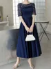 Navy Blue Mother of the Bride Dress Ankle Length Party Dresses Satin with Tulle Half Sleeves Zipper Back