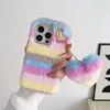 Love Heart Stripes Fluffy Fur For for iPhone 15 14 Pro Max 13 12 11 XR XS X 8 7 Plus Rainbow Tpu Animal Bling Diamond Arbit Hair Cover Cover Cover Clot Fashion Strap
