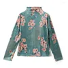 Blouses Femmes Tingyili imprimé floral rose vert col roulé chemisier en velours femmes printemps automne basique mince manches longues hauts mode coréenne