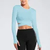 Chemises actives Crop Tops Femmes Yoga T-shirts Haut de sport solide Manches longues Course Sexy Nombril exposé Séchage rapide Fitness Gym Sport Wear