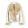 Women's Leather GTGYFF Womens Coat With Raccoon Fur Collar Short Locomotive Pearl Bright Surface Jacket Winter Warm Overcoat