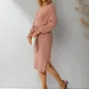 Casual Dresses Women Sticked Elegant Dress Fall Winter Clothes Solid Color Deep V-Neck långärmad rygglös med midjebältets kontor damer