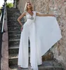 White Jumpsuits Prom Dresses With Wrap V Neck Beading Sequined Evening Formal Outfit Party Second Reception Birthday Gowns