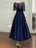 Navy Blue Mother of the Bride Dress Ankle Length Party Dresses Satin with Tulle Half Sleeves Zipper Back