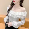 Women's Blouses Glitter Top 2022 Spring Women Sexy Off Shoulder Slash Neck Blouse Fashion Long Sleeve Ruffles Tops Female Ladies