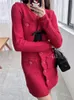 2023 Spring Red Solid Color Ribbon Tie Bowknot Knitted Dress Long Sleeve V-Neck Double Pockets Single-Breasted Casual Dresses W2D081107