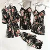 Dames Sleepwear 5pc Vrouwen Pyjama Sets Sexy Lace Satin Robe Bathrobe broek Shorts Lingerie Set met borstkussentjes 2022