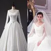 V-neck Long Sleeves A-line Wedding Dresses Lace and Satin Chapel Train Wedding Gown