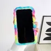 Love Heart Stripes Fluffy Fur For for iPhone 15 14 Pro Max 13 12 11 XR XS X 8 7 Plus Rainbow Tpu Animal Bling Diamond Arbit Hair Cover Cover Cover Clot Fashion Strap